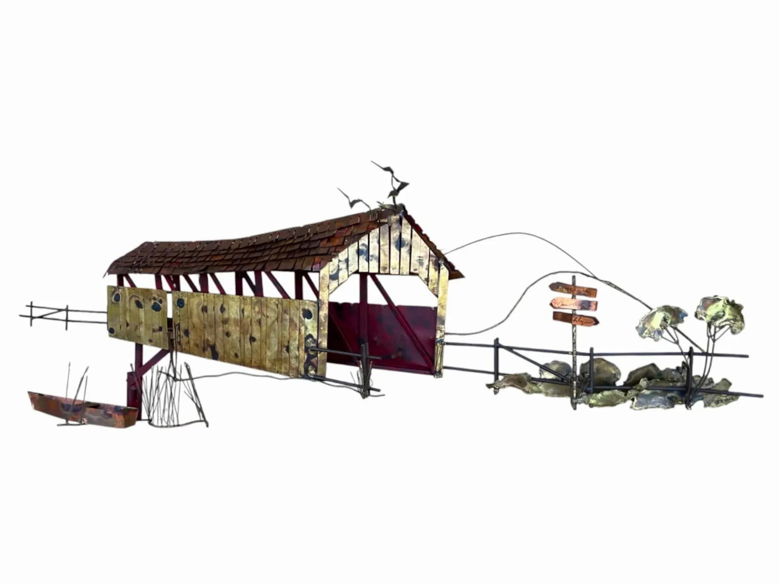 1970s Curtis Jere Signed Wall Sculpture – Covered Bridge With Row Boat & Scenic Detailing - 4