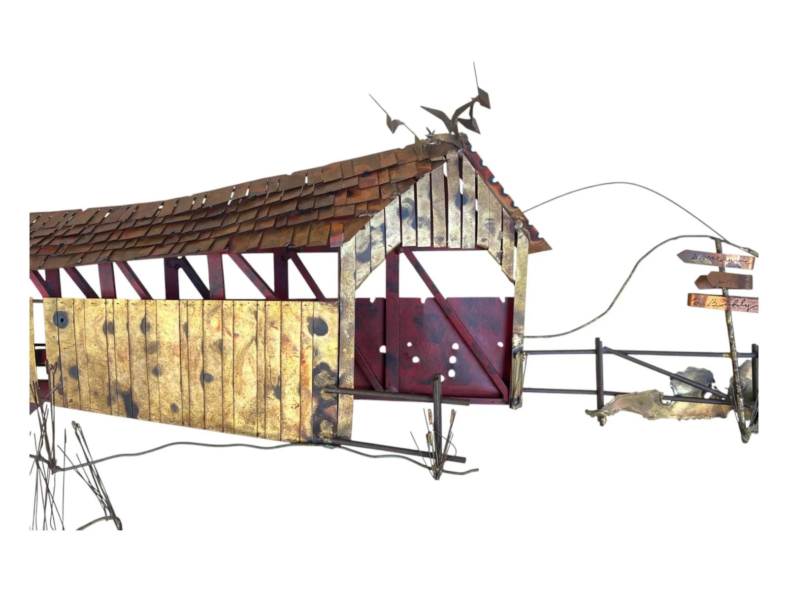 1970s Curtis Jere Signed Wall Sculpture – Covered Bridge With Row Boat & Scenic Detailing - 5