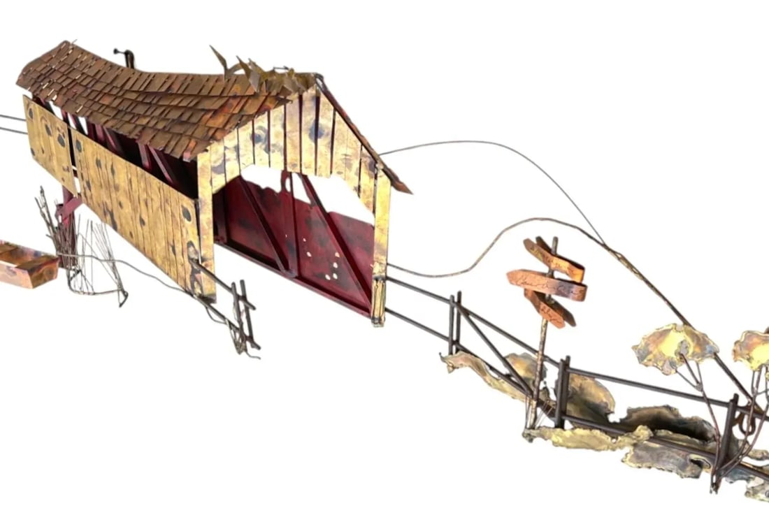 1970s Curtis Jere Signed Wall Sculpture – Covered Bridge With Row Boat & Scenic Detailing - 7