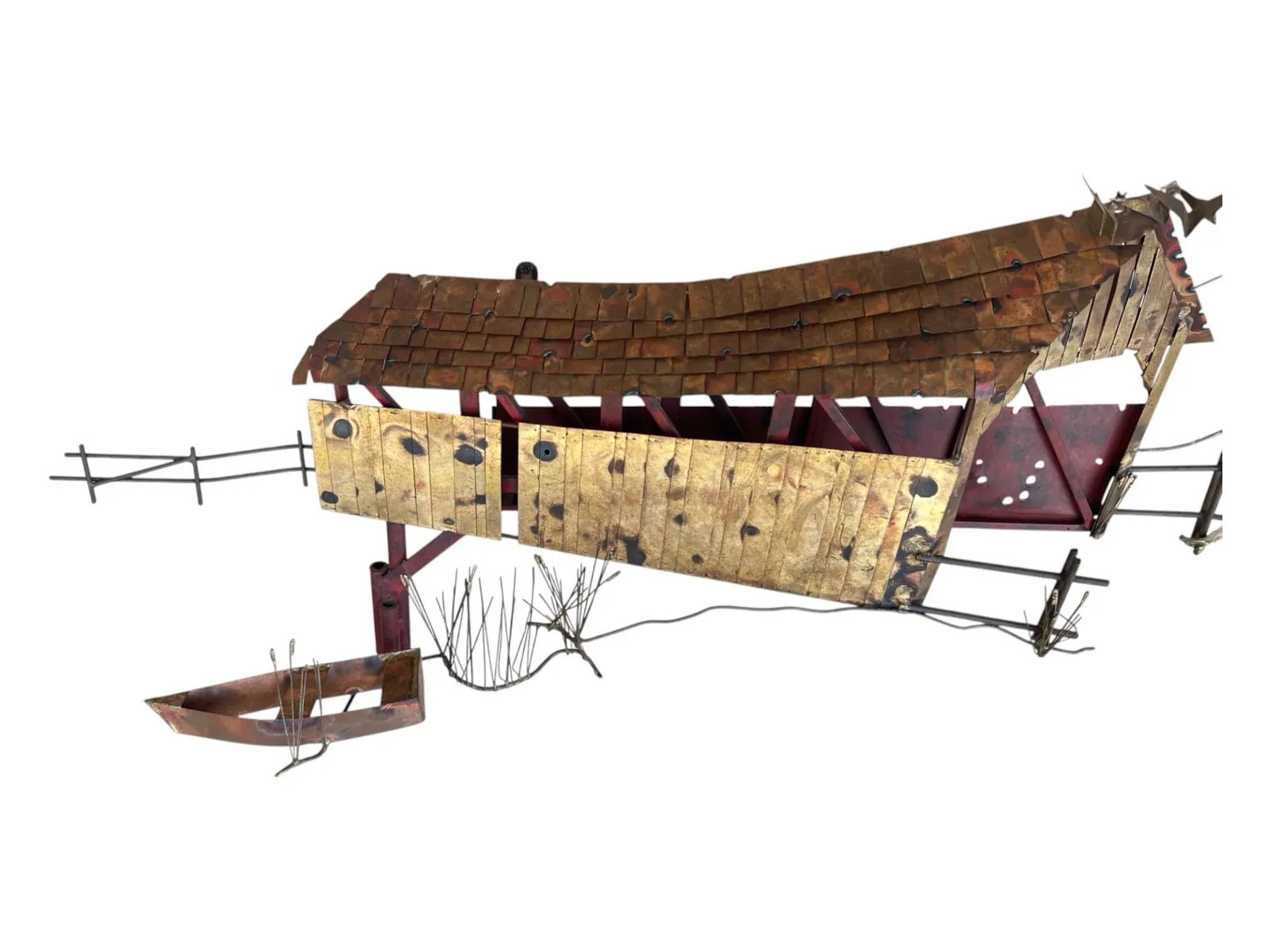 1970s Curtis Jere Signed Wall Sculpture – Covered Bridge With Row Boat & Scenic Detailing - 8