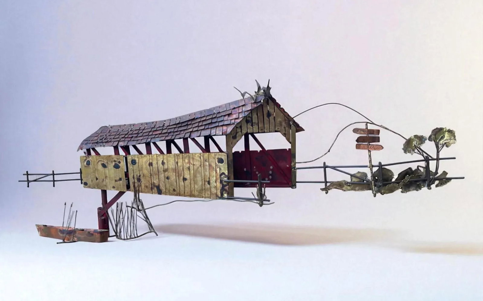 1970s Curtis Jere Signed Wall Sculpture – Covered Bridge With Row Boat & Scenic Detailing - 9