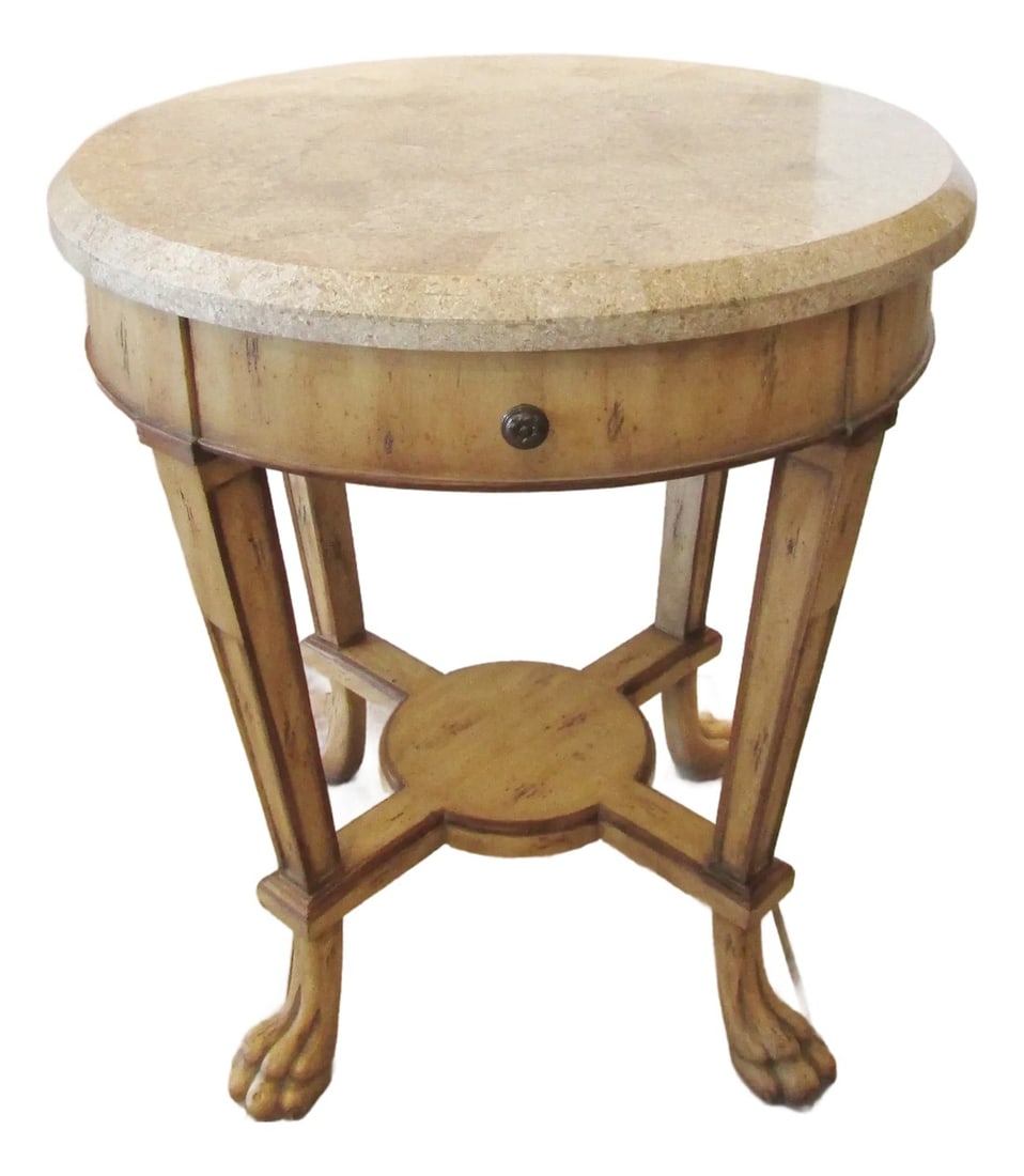 1990s Kriess Renaissance Collection Empire Style End Table Travertine Top: The Kriess Renaissance Collection Empire Style End Table features a round Tessellated Travertine top, adding a touch of elegance to any indoor space. With a sturdy wood base and a convenient drawer