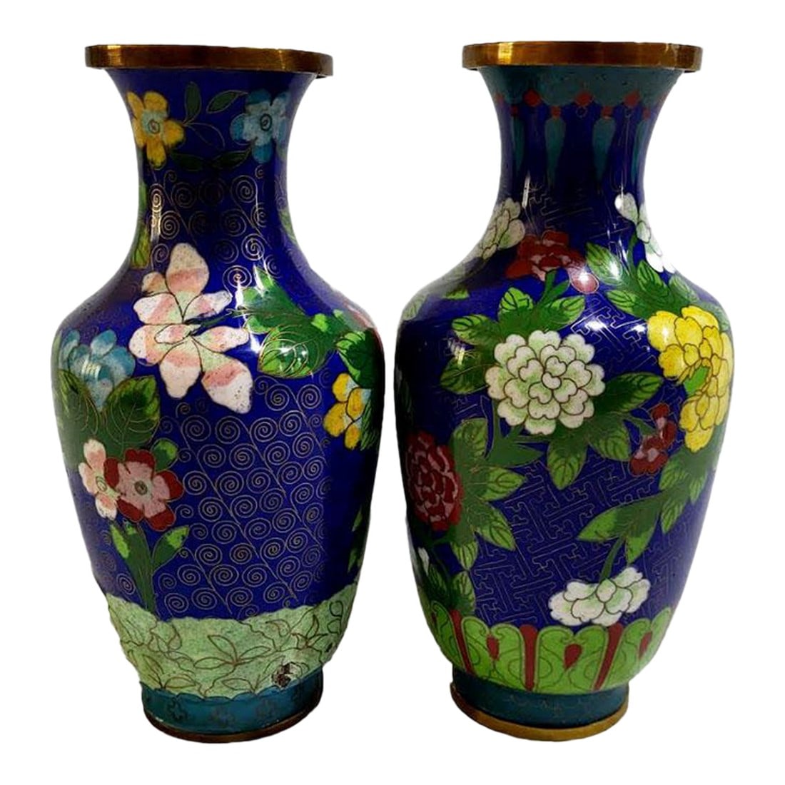 Pair Vintage Qing Dynasty Cloisonne' Vases - China: Pair of vintage/antique cloisonne' vases. While not an exact match, they compliment each other nicely. Cloisonné, in the decorative arts, is an enameling technique or any product of that