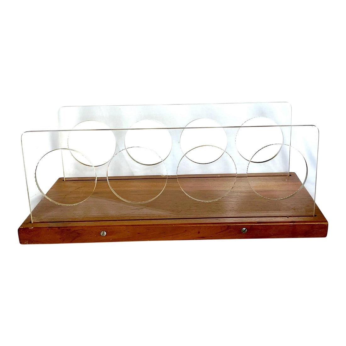 Mid-Century Modern Lucite & Solid Walnut Wine Bottle Rack After Charles Hollis Jones / Pace Collecti: A striking blend of natural warmth and sleek modernism, this vintage wine rack combines a solid walnut base with thick lucite acrylic panels etched with circular bottle cutouts. Designed to hold four