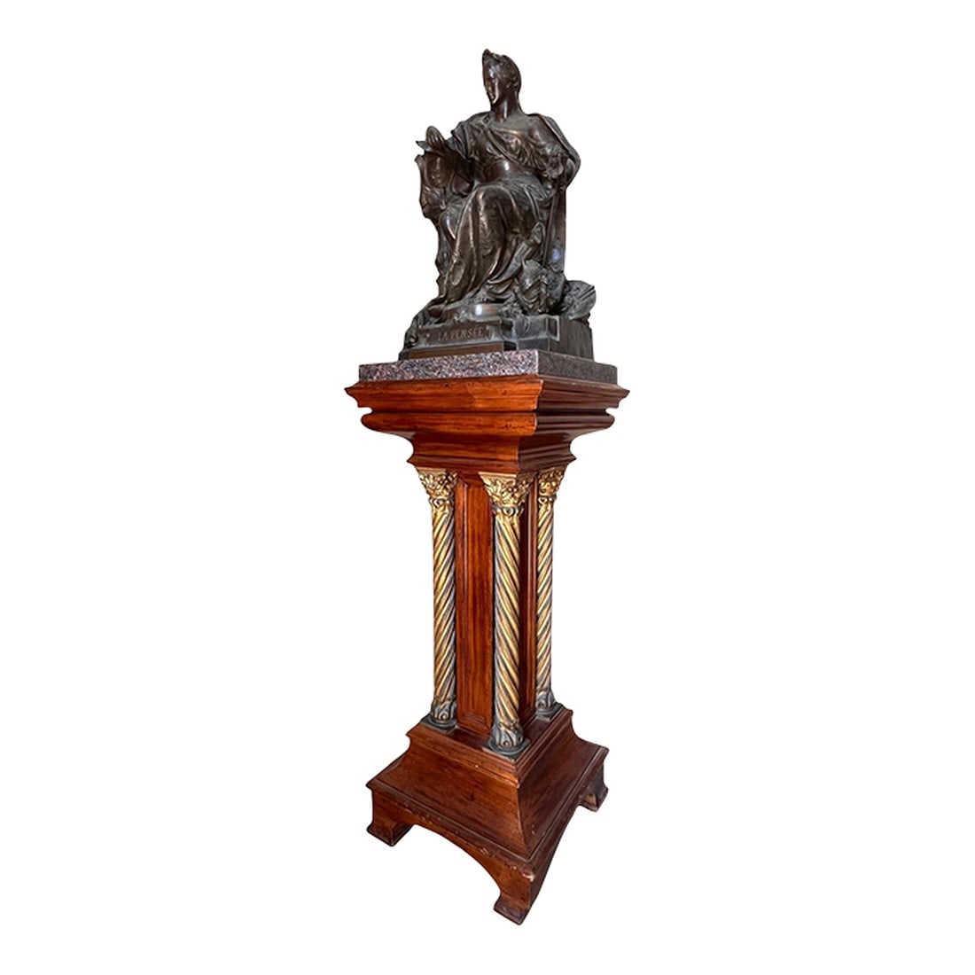 French Bronze With Original Gallery Pedestal by Gustav Frédéric Michel, 1896: Monumental late 19th-century French bronze, "La Pensée" (Thought), also known as "Excelsior," by Gustave Frédéric Michel (1851–1924). Cast by the renowned F. Barbedienne Foundry,