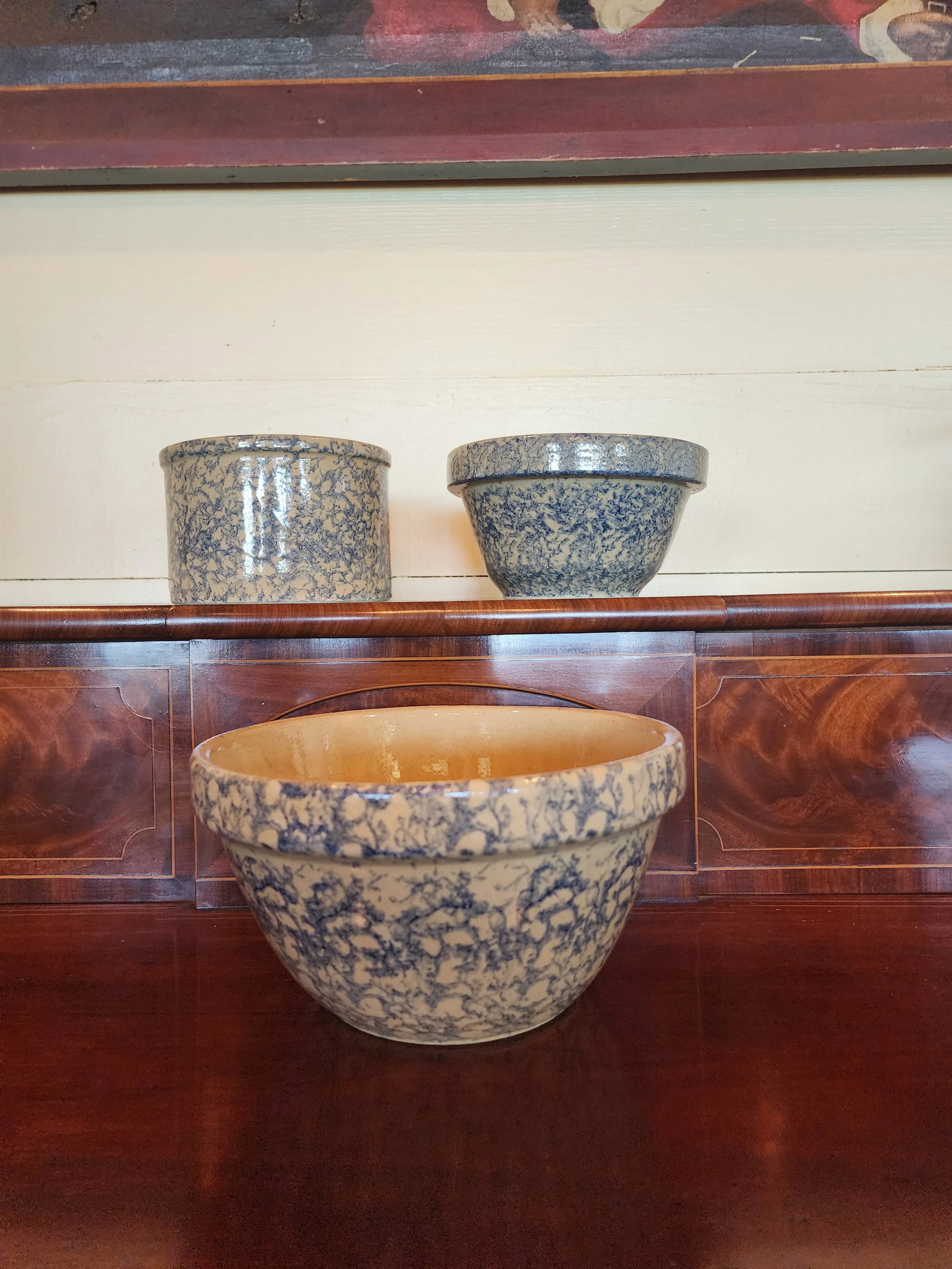 Three Vintage Roseville Robinson Ransbottom Blue Sponngeware Bowls - 4