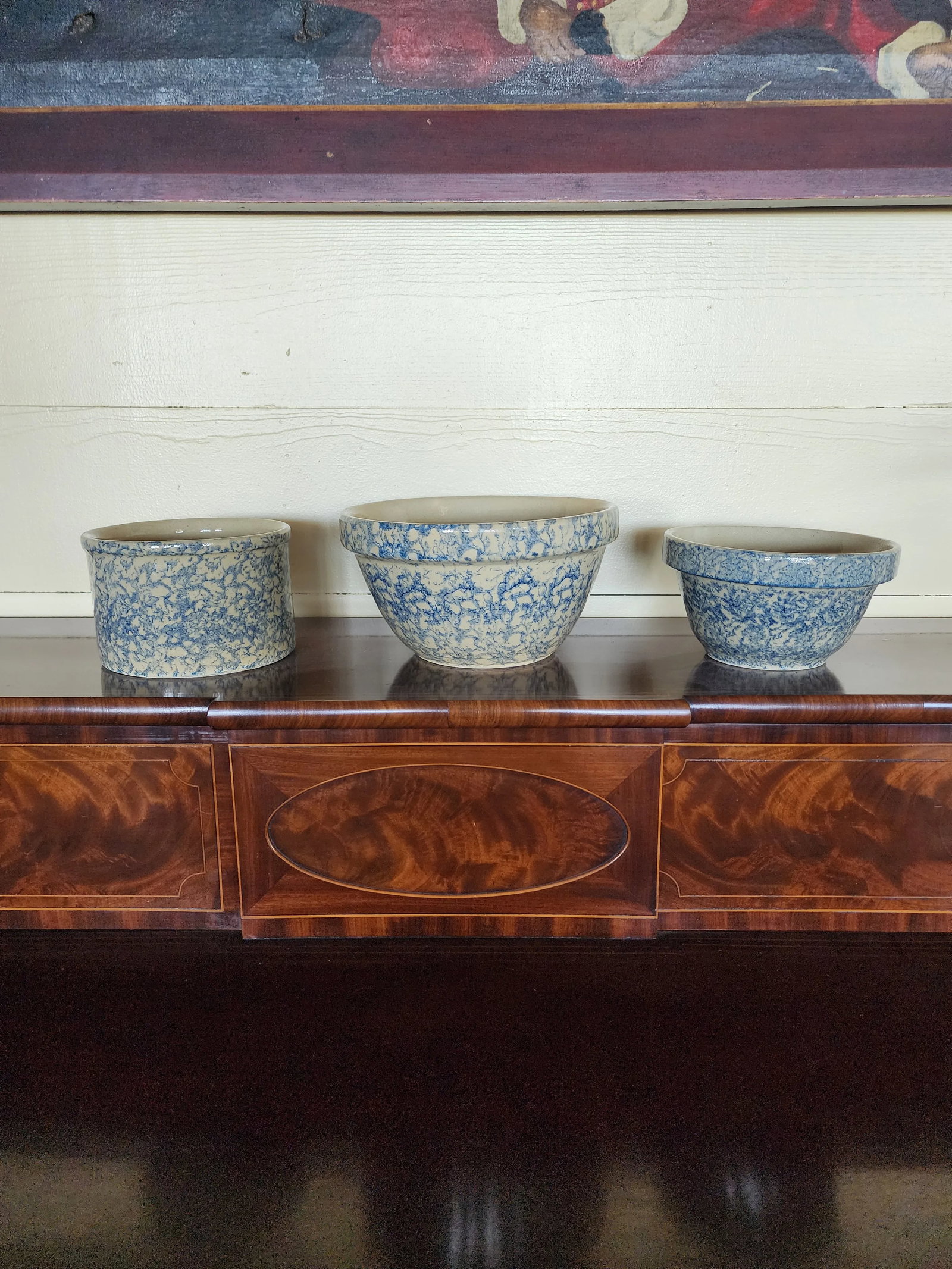 Three Vintage Roseville Robinson Ransbottom Blue Sponngeware Bowls - 5