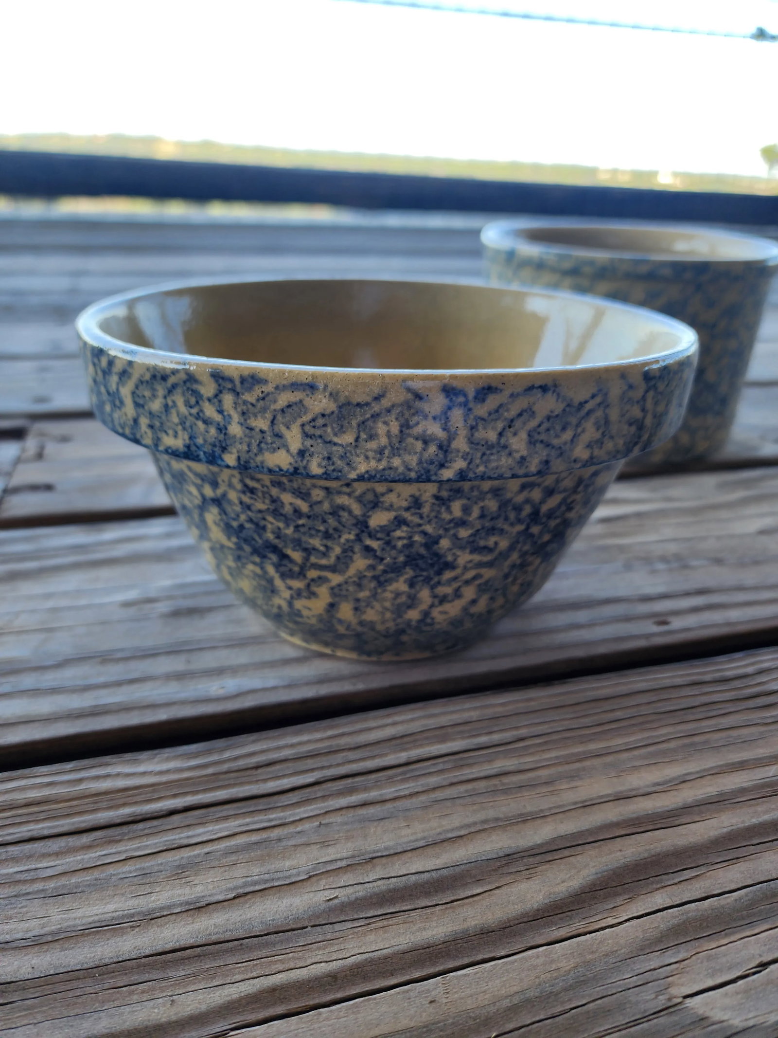 Three Vintage Roseville Robinson Ransbottom Blue Sponngeware Bowls - 6