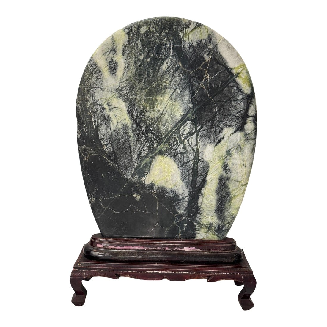 Large Antique Chinese Dali Marble Scholar's Stone on Stand: Elegant Chinese Dali Marble Scholar's Stone with Stand, Late Qing / Republic Period Prized large scholar's rock (gongshi) displayed in its original carved wooden stand with aged patina. Known as a "dr