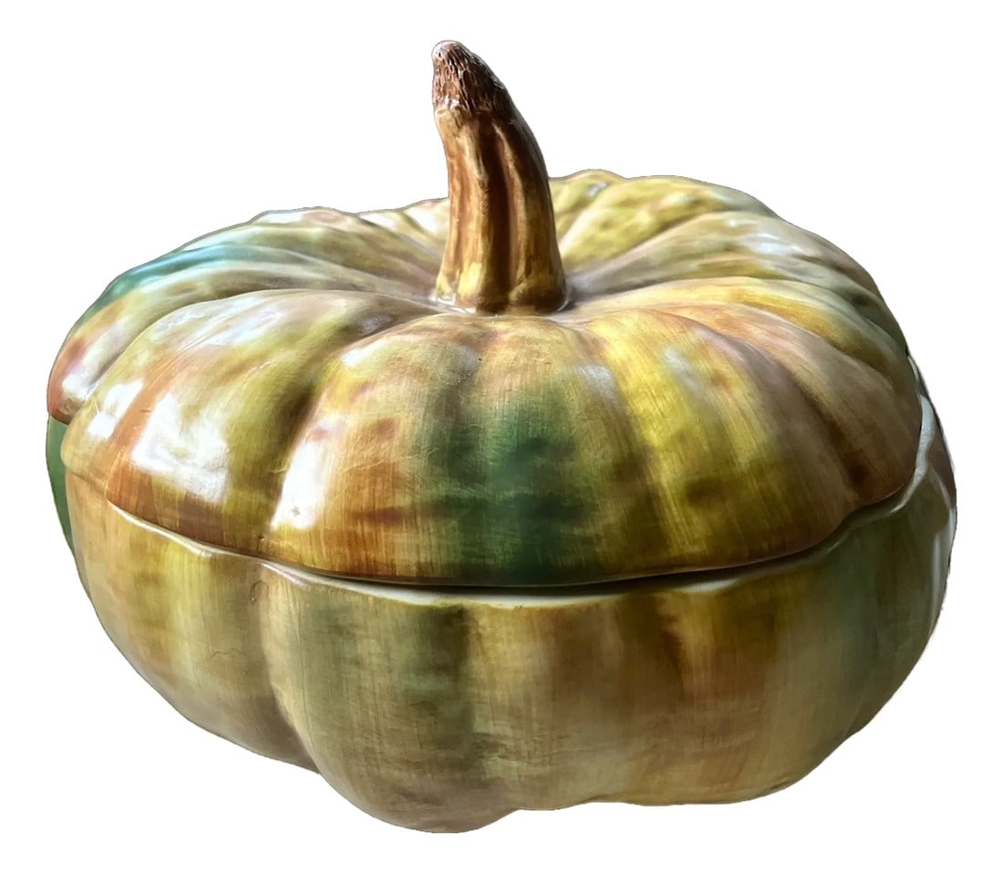 Vintage Italian Majolica-Style Hand Painted Pumpkin Tureen With Lid by Bresolin: Bring harvest warmth to your table with this vintage ceramic pumpkin tureen, beautifully hand-painted in rich autumnal tones of green, gold, and russet. Sculpted with lifelike detail, the tureen's lid