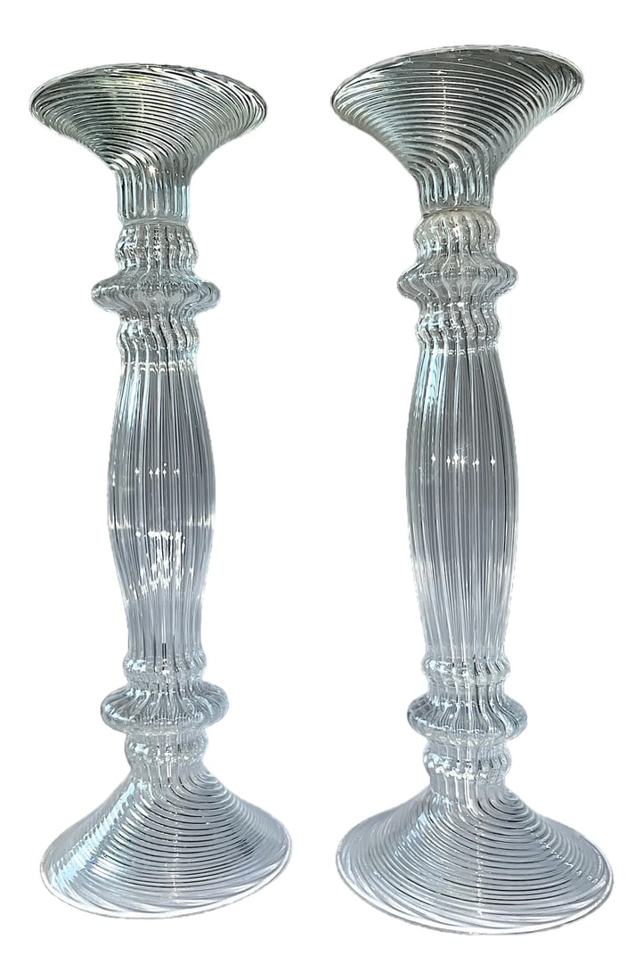 12.5" Hand-Blown Venetian Murano Style Glass Candlestick Holders - A Pair: Elevate your tablescape with this striking pair of mouth-blown glass candlesticks, each standing at an impressive 12.5 inches tall. Their fluid, sculptural forms are accentuated by a ribbed optic