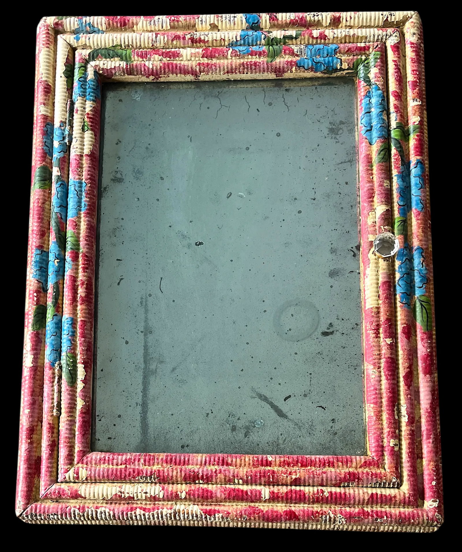 Antique Late 19th Century Hand-Painted Blue Hydrangea Wicker Cabinet With Mirror & Cut Glass Knob - 2