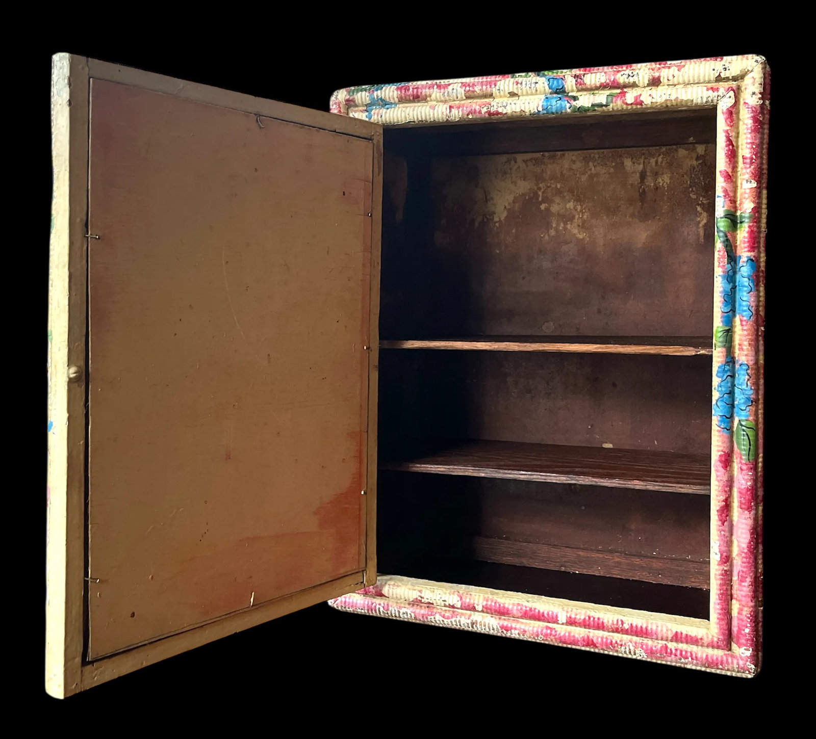 Antique Late 19th Century Hand-Painted Blue Hydrangea Wicker Cabinet With Mirror & Cut Glass Knob - 3
