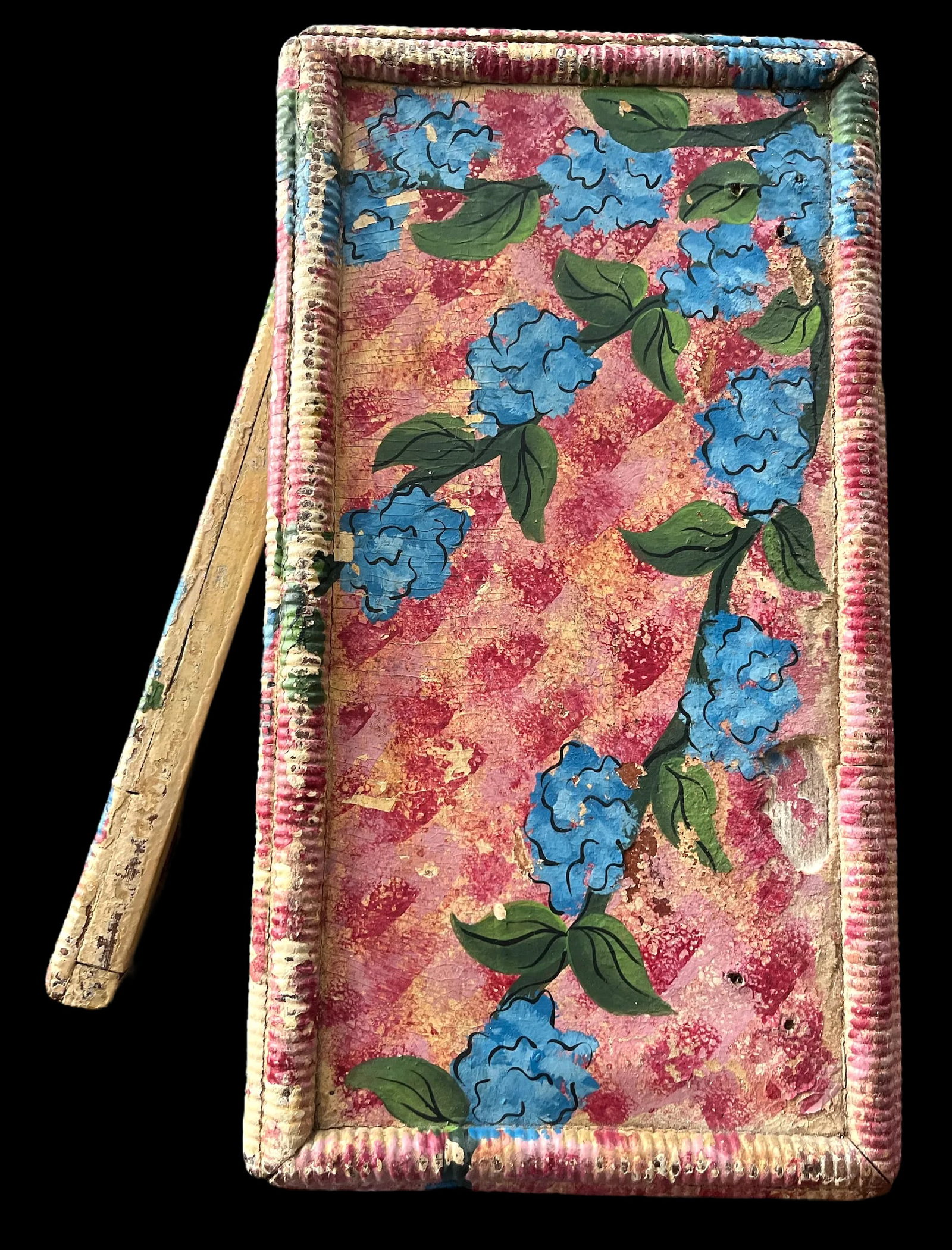 Antique Late 19th Century Hand-Painted Blue Hydrangea Wicker Cabinet With Mirror & Cut Glass Knob - 4