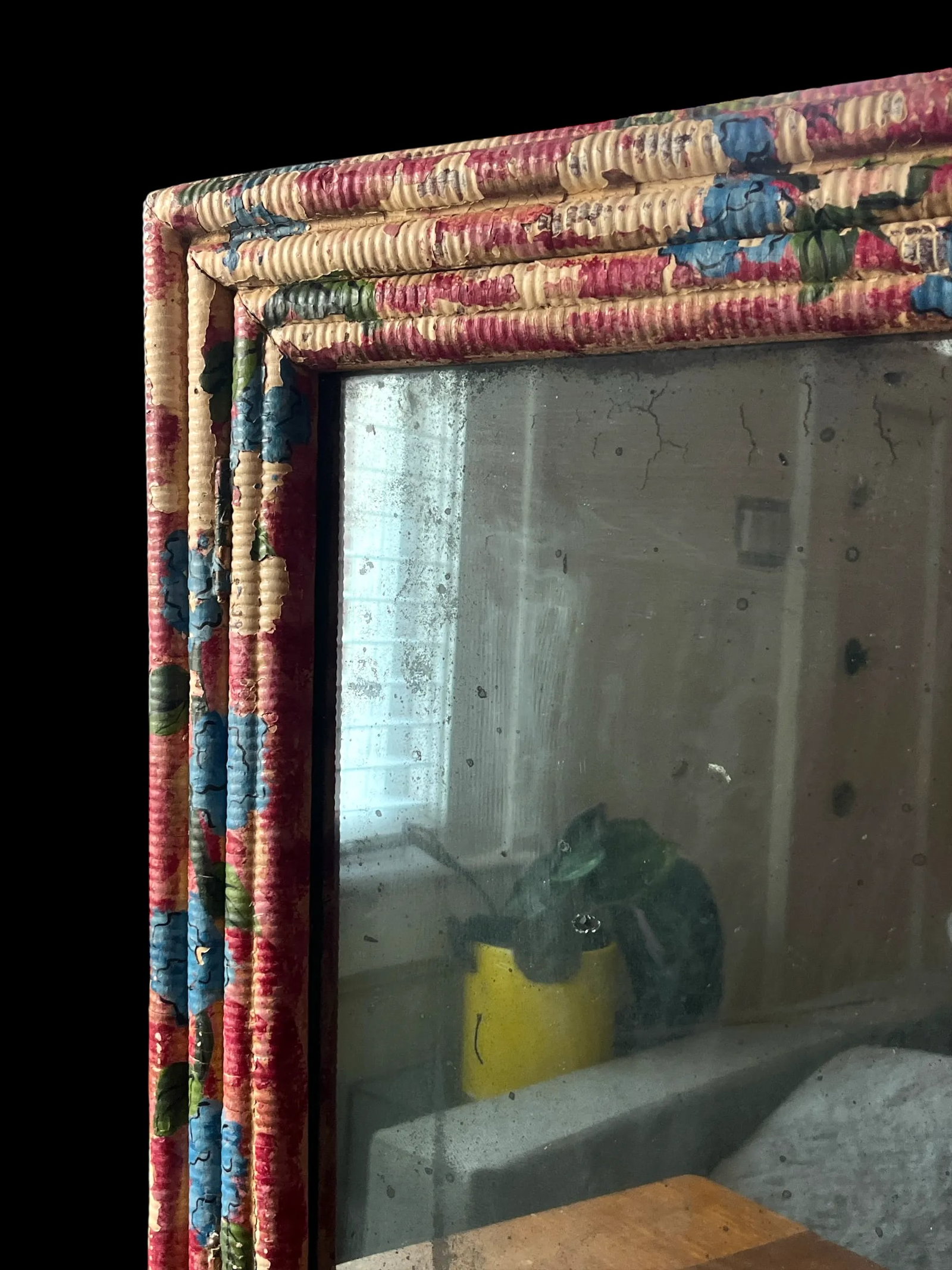 Antique Late 19th Century Hand-Painted Blue Hydrangea Wicker Cabinet With Mirror & Cut Glass Knob - 8