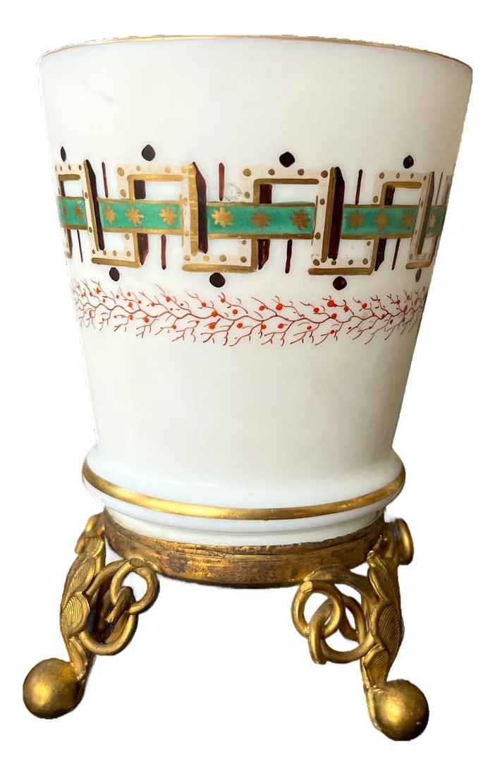 Antique French Opaline Glass Vase With Ormolu Mounts, Mid-19th Century: A refined example of 19th-century decorative glass, this small opaline vase or cachepot showcases the luxurious marriage of enameled glass and gilt bronze. The body is crafted from milky white opaline