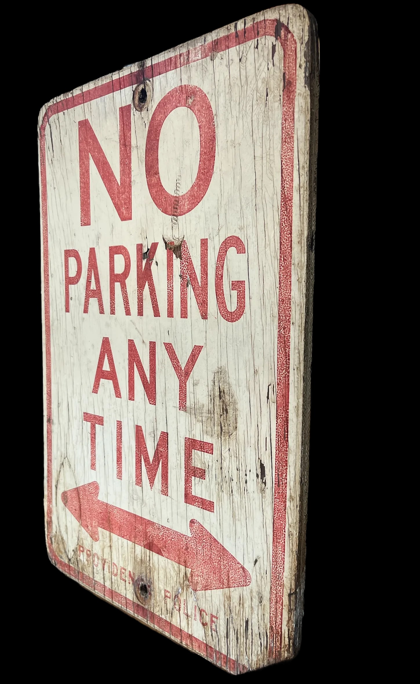 Vintage Wooden "No Parking Any Time" Providence Police Sign - 2