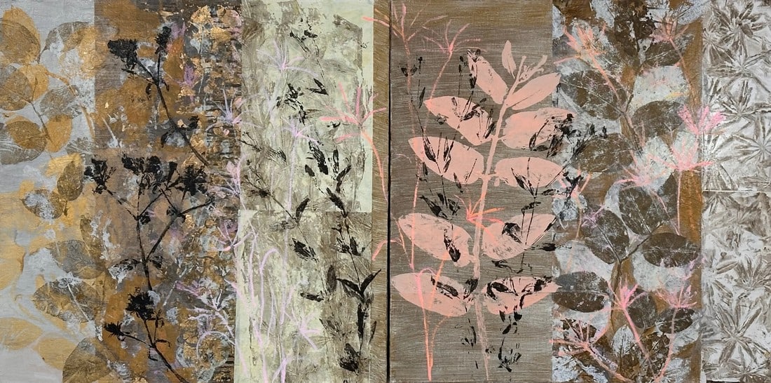 Spring Garden #2, Diptych by Hunter Hogan: I make prints of plants that I collect in my high mountain neighborhood. I am interested in combining printing and painting and am aiming for a fresh perspective on botanical images but also with a