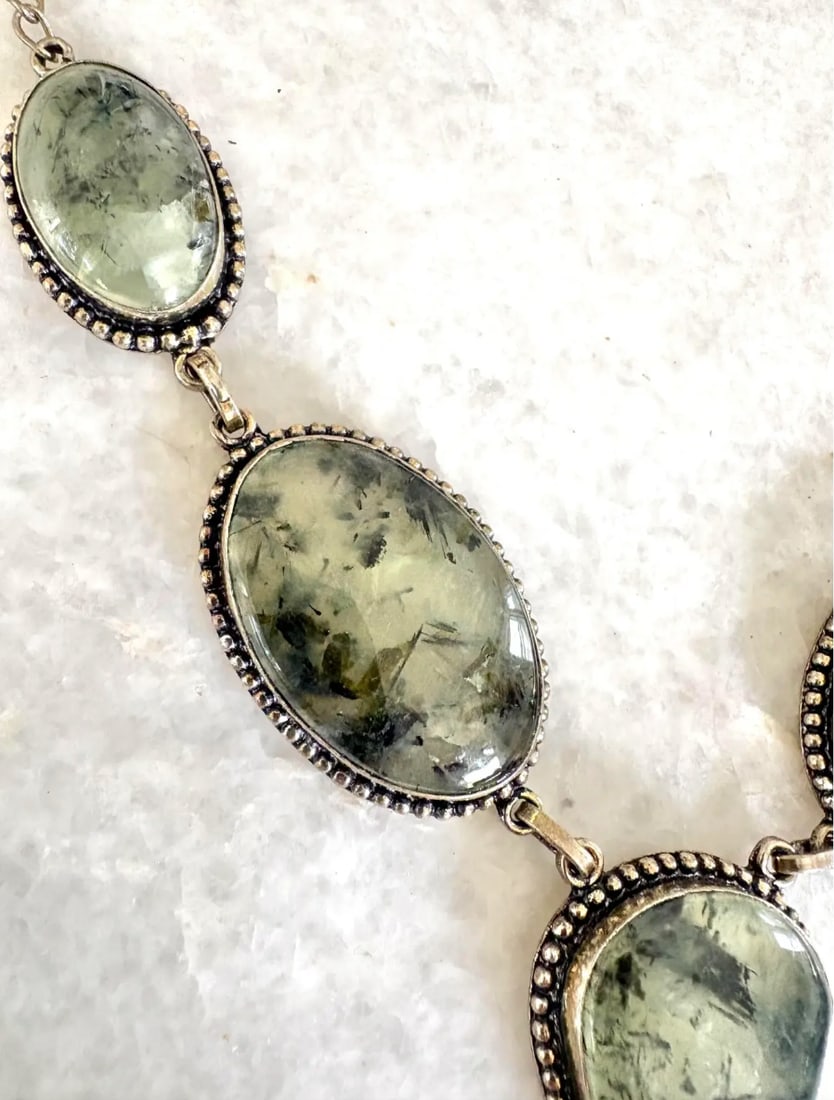 Vintage Prehnite and Sterling Silver Bib Necklace - 3