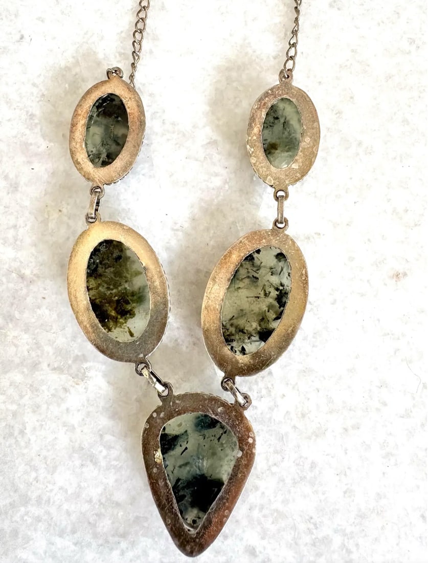 Vintage Prehnite and Sterling Silver Bib Necklace - 4