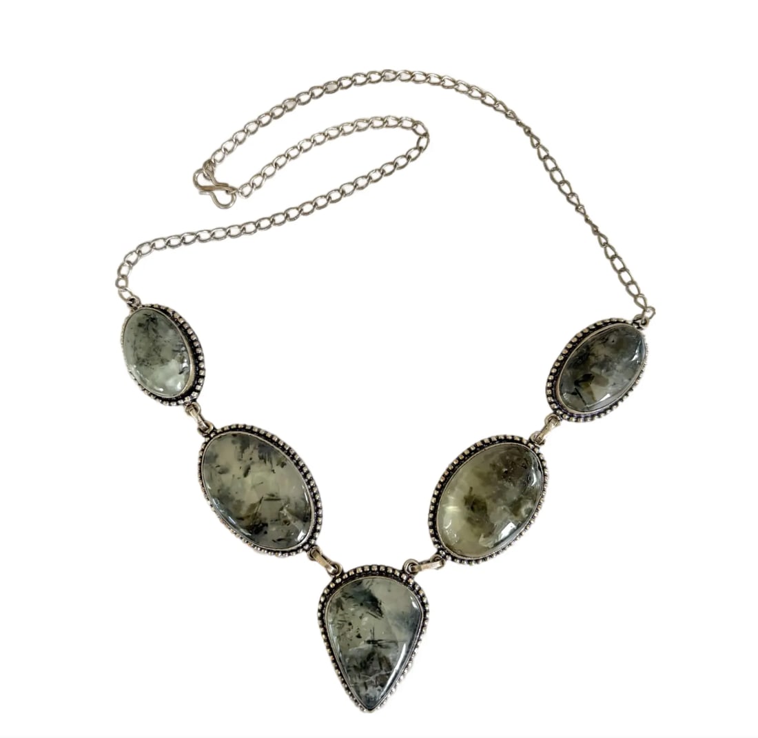 Vintage Prehnite and Sterling Silver Bib Necklace - 5