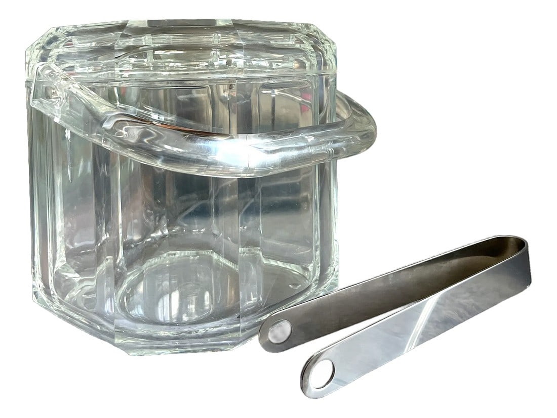 1980s Mid-Century Lucite Ice Bucket With Stainless Steel Tongs (1 of 7)