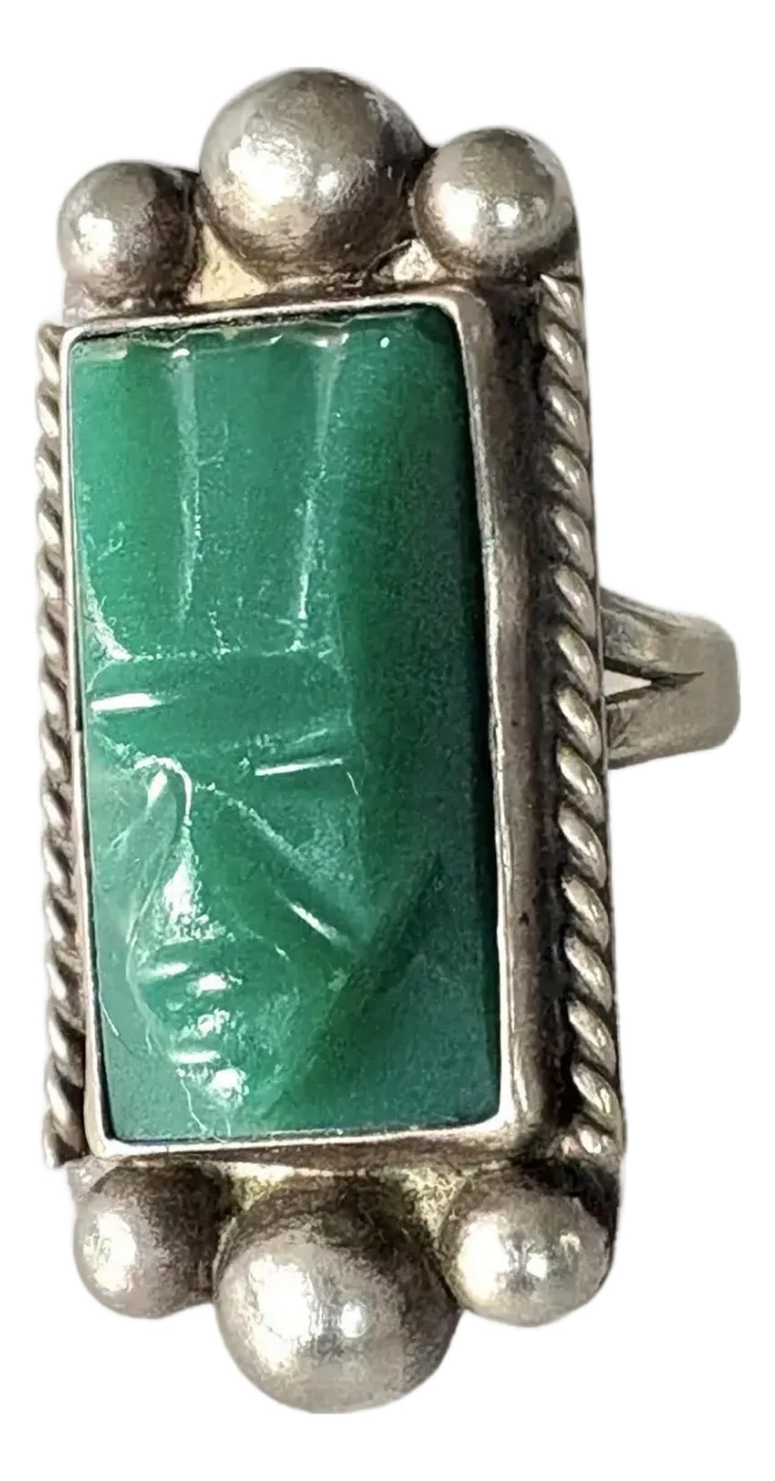 Vintage Aztec Carved Green Onyx and Sterling Silver Ring - Stamped, Size 5.75: Lovely vintage Aztec green onyx and sterling silver ring with carved face design. Made in Mexico. Condition: Alterations: Original Condition Unaltered Imperfections: Some Imperfections Condition