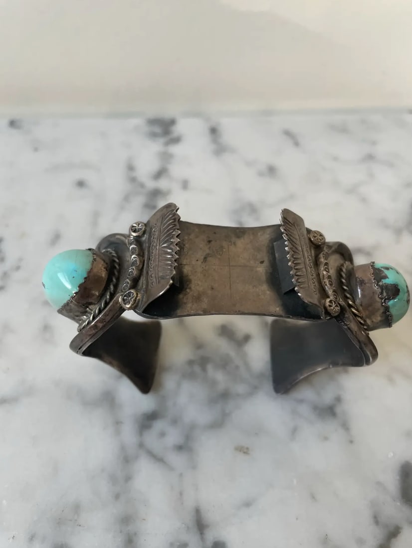 Rare Vintage American Sterling Silver and Turquoise Watch Band Cuff Bracelet - 2