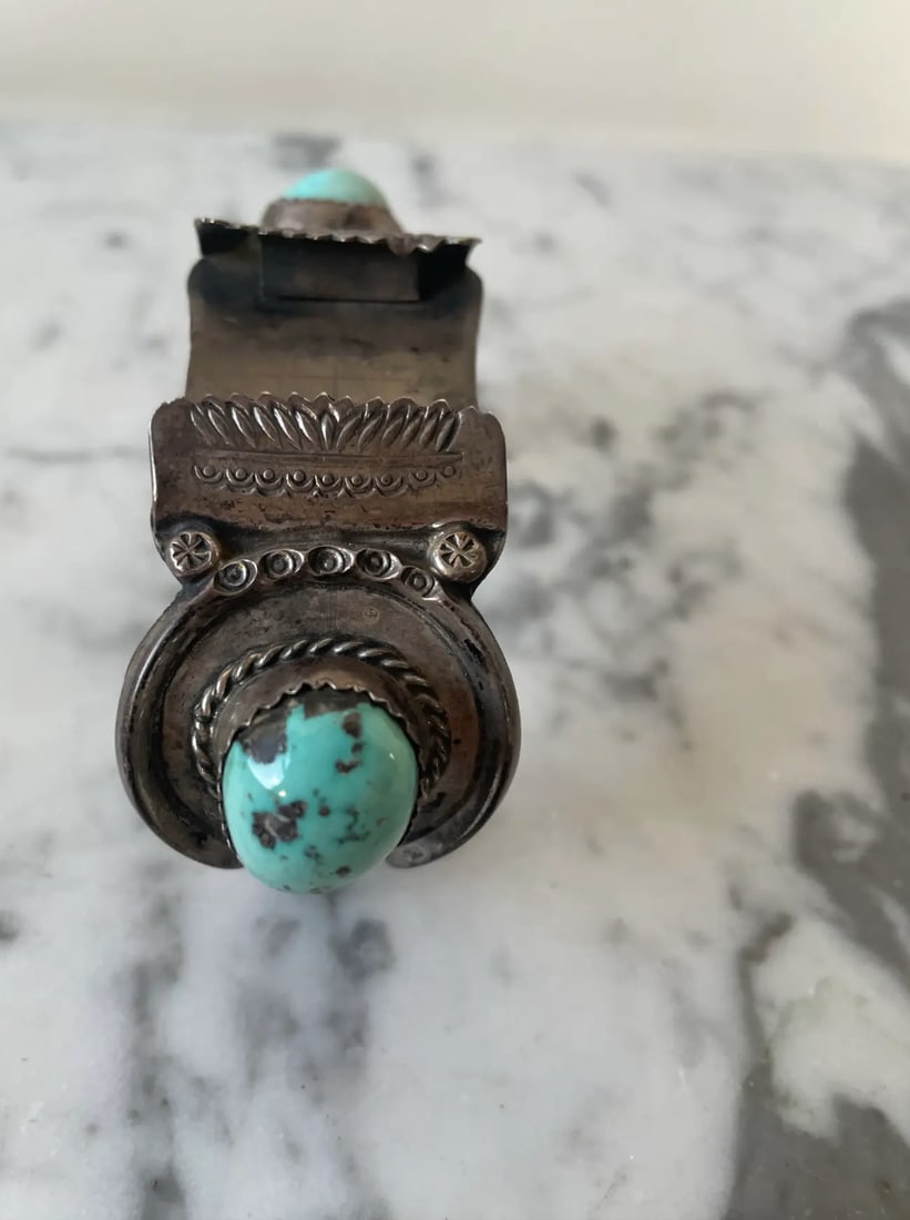 Rare Vintage American Sterling Silver and Turquoise Watch Band Cuff Bracelet - 3