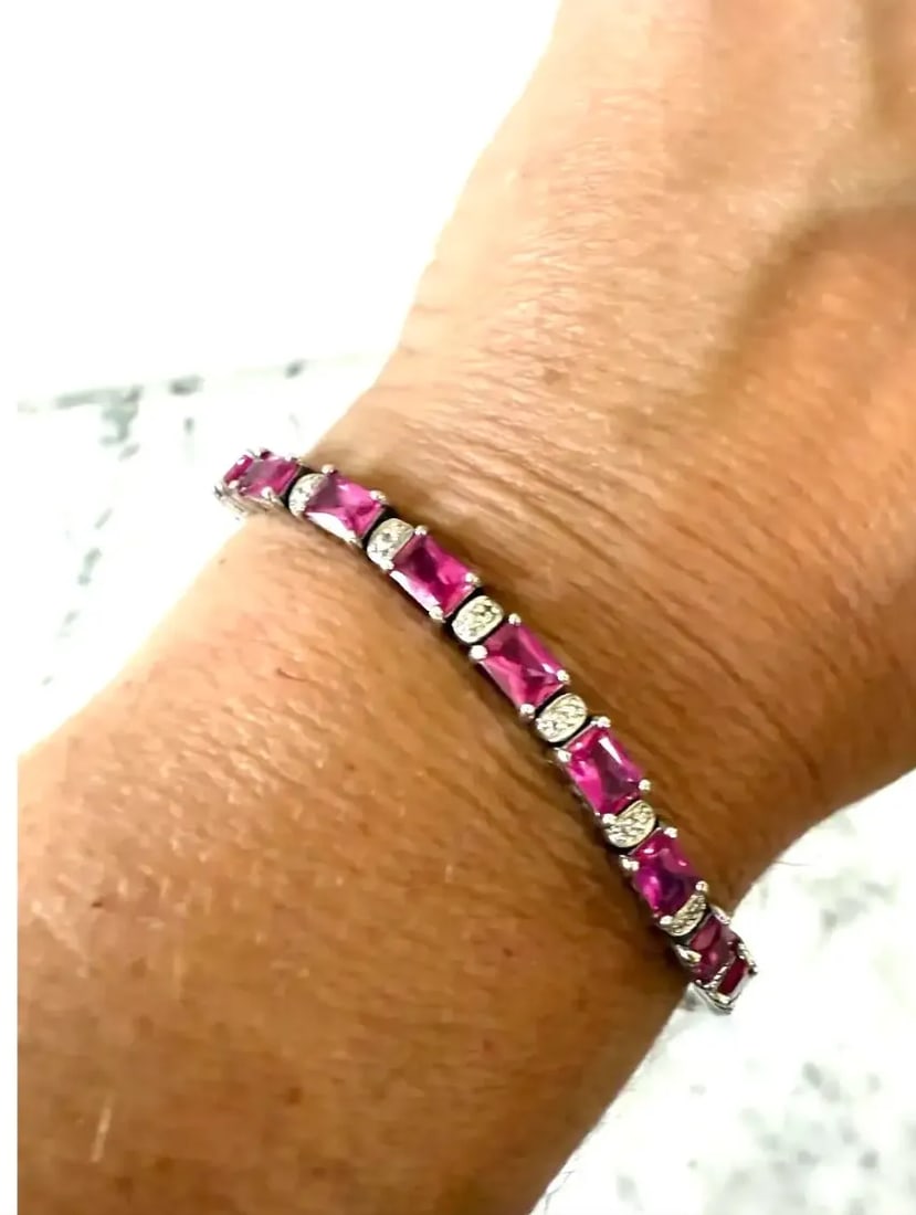Vivid Pink Tourmaline Sterling Silver Tennis Bracelet With Box Clasp - 2