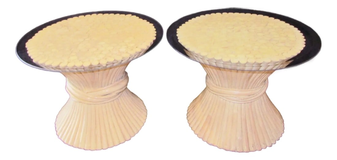 Matched Pair Bamboo Haystack Side Tables Attributed to McGuire Circa 1970s: These Matched Pair Bamboo Haystack Side Tables by McGuire are a stylish addition to any indoor living space. With a light wood tone and an hourglass shape, these side tables feature glass tabletops
