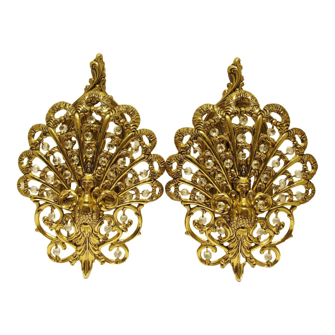 Matched Pair Brass and Crystal Peacock Electric Sconces Circa 1970s: These vintage brass and crystal peacock electric sconces from the 1970s exude a Italian style with a touch of elegance. Made in Spain, these medium-sized sconces are a unique and original pair that