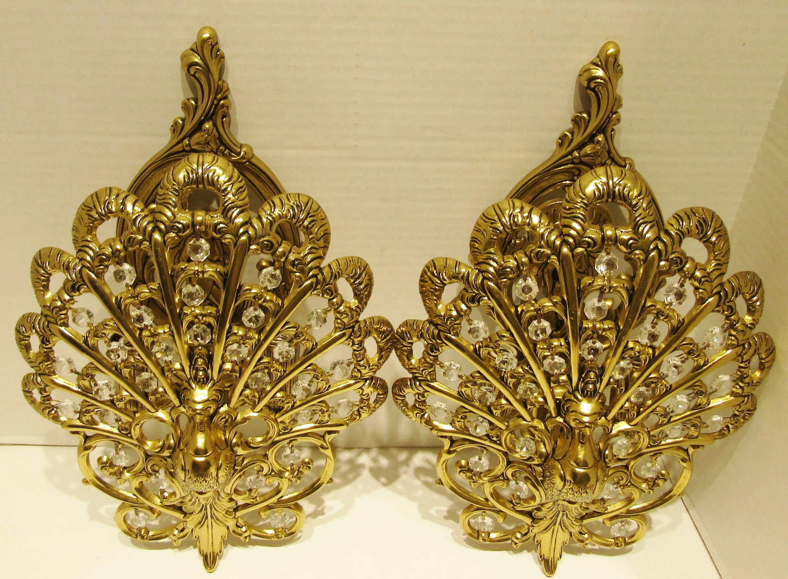 Matched Pair Brass and Crystal Peacock Electric Sconces Circa 1970s - 2