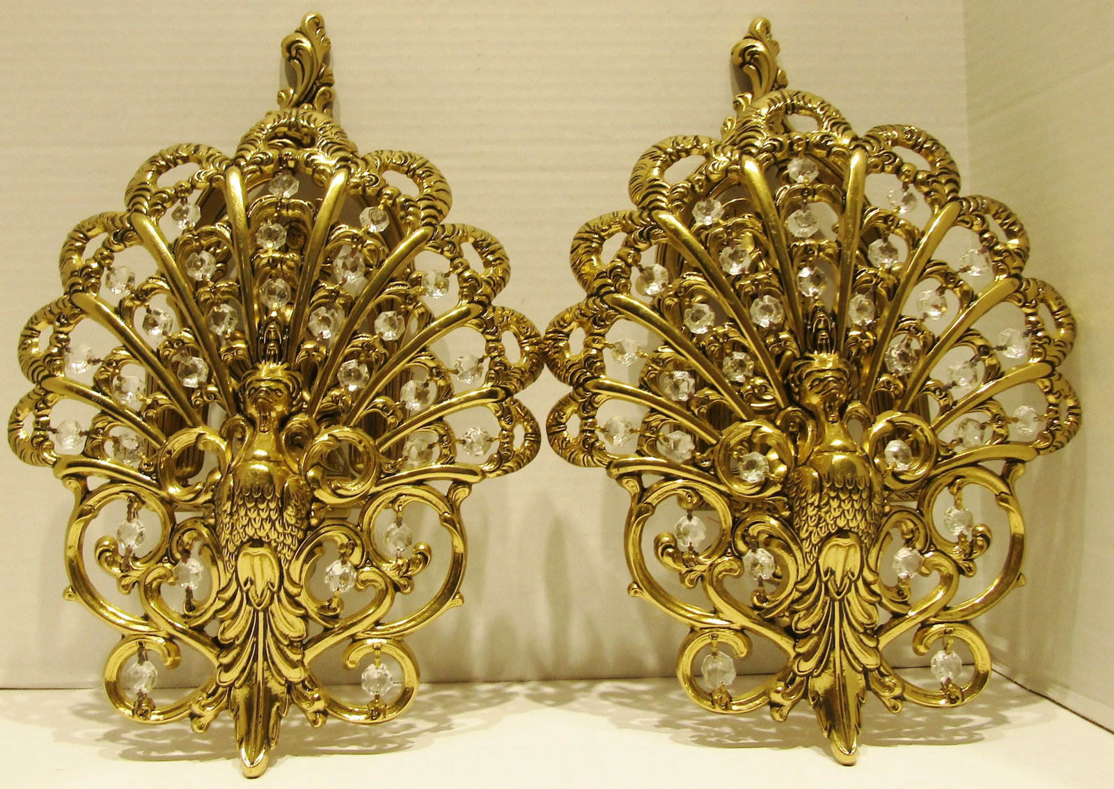 Matched Pair Brass and Crystal Peacock Electric Sconces Circa 1970s - 4