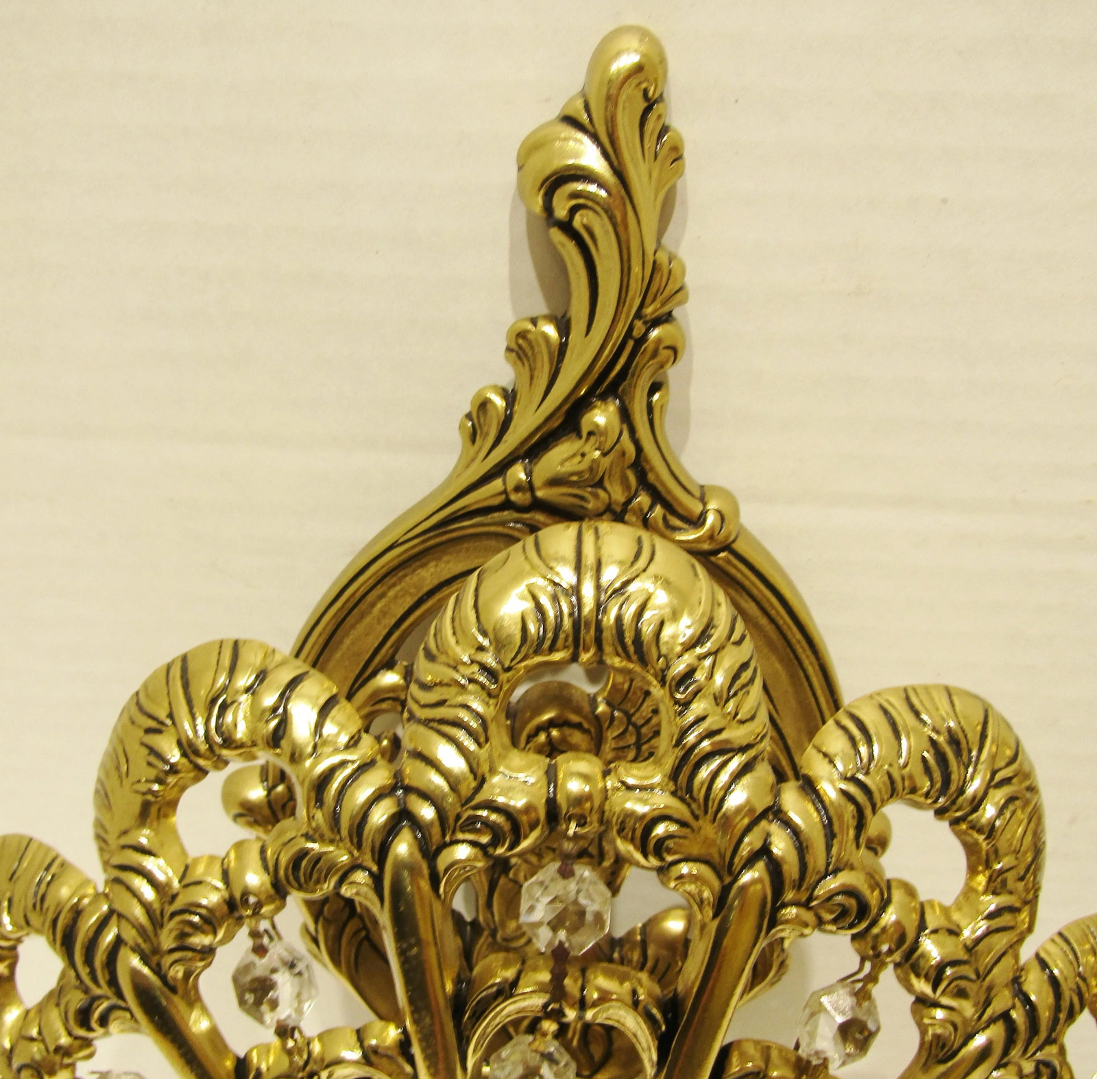 Matched Pair Brass and Crystal Peacock Electric Sconces Circa 1970s - 8
