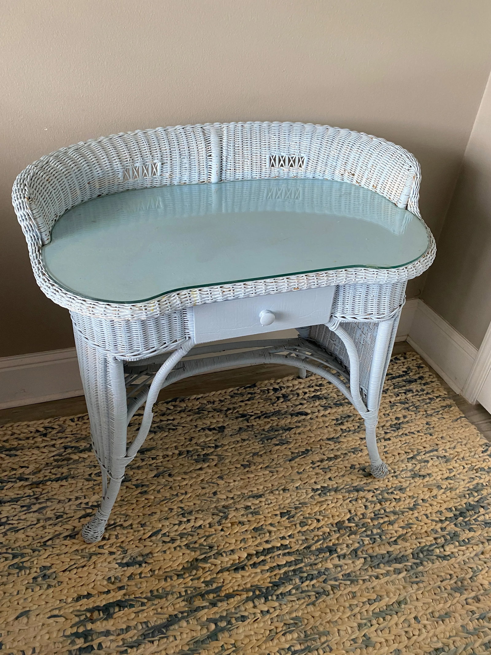 Antique Wicker Writing Desk and Matching Chair and Glass Custom Top - 4