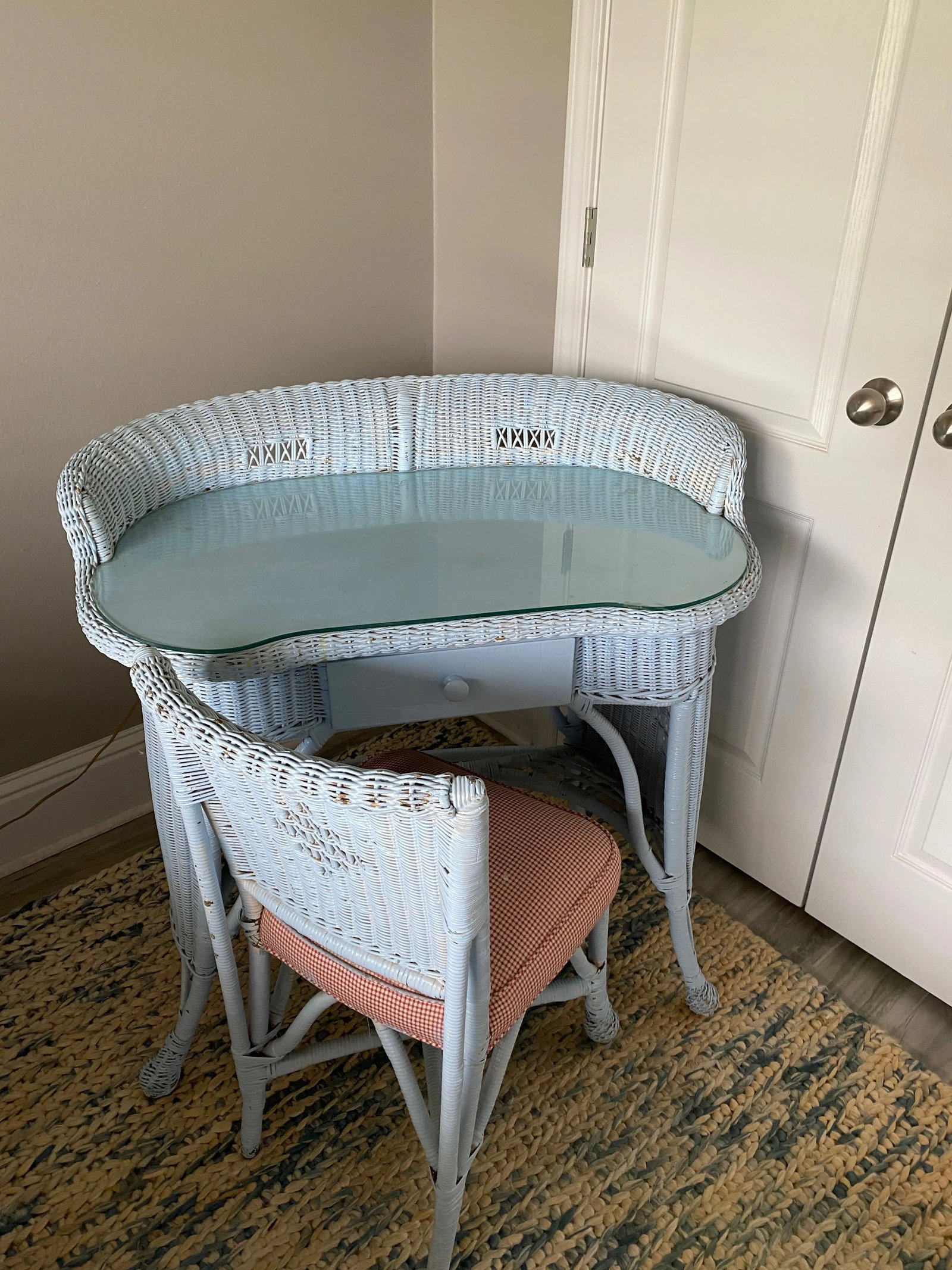 Antique Wicker Writing Desk and Matching Chair and Glass Custom Top - 6