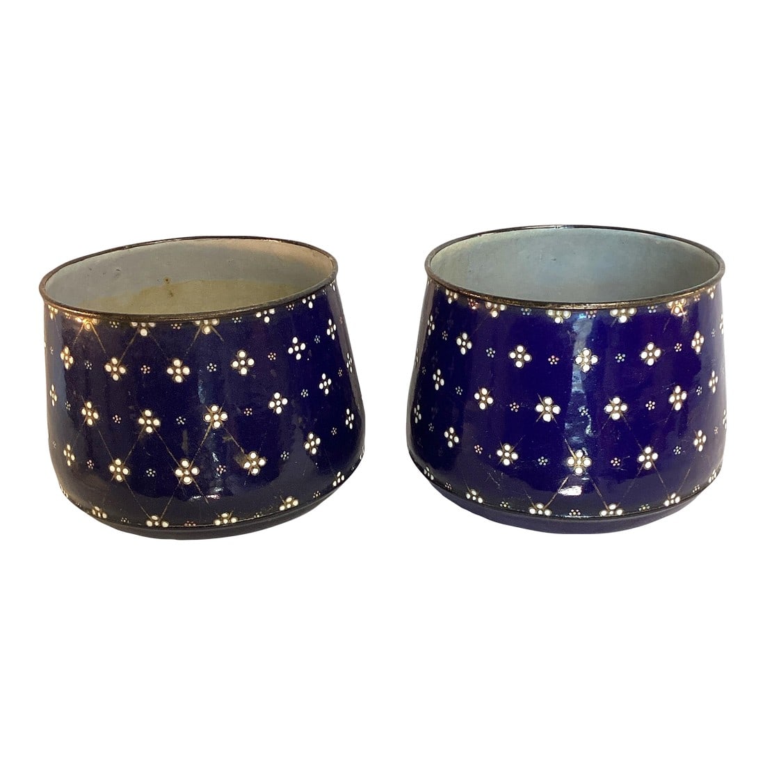 Pair Cobalt Blue Vintage Enamelware Planters, A Pair: Pair of vintage enamel planters, perfect for adding a touch of rustic charm to any indoor or outdoor space. Holes in bottom would allow drainage, if used as planter. Since 1991, these have only been