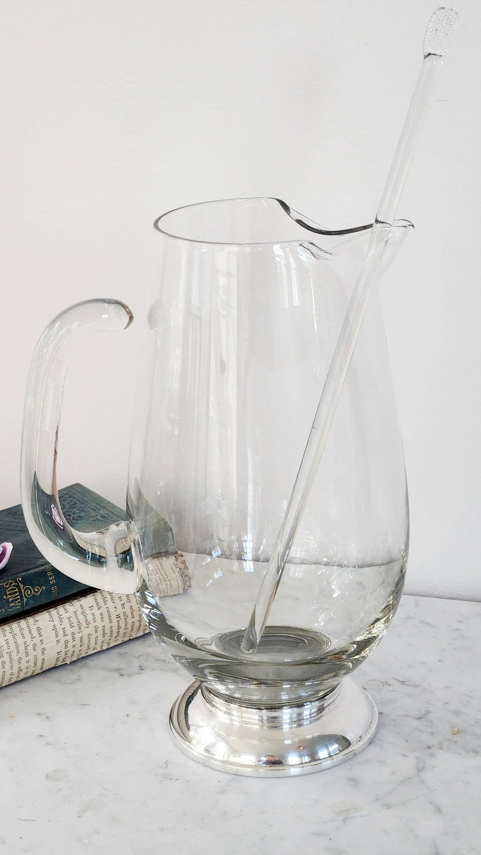 1950s Mid-Century Handblown Glass Pitcher With Sterling Silver Base & Stirrer "” J. Rogers - 15