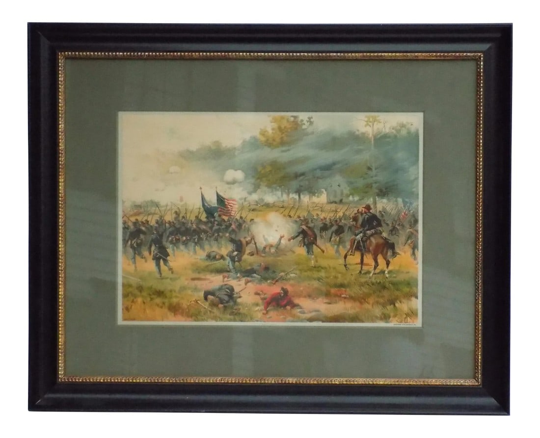 1887 Battle of Antietam Chromolithograph, Custom Framed Civil War Print: Striking 1887 original chromolithograph by Prang, 1887, depicting the Battle of Antietam. One of the most pivotal engagements of the American Civil War. The composition captures a dramatic cavalry