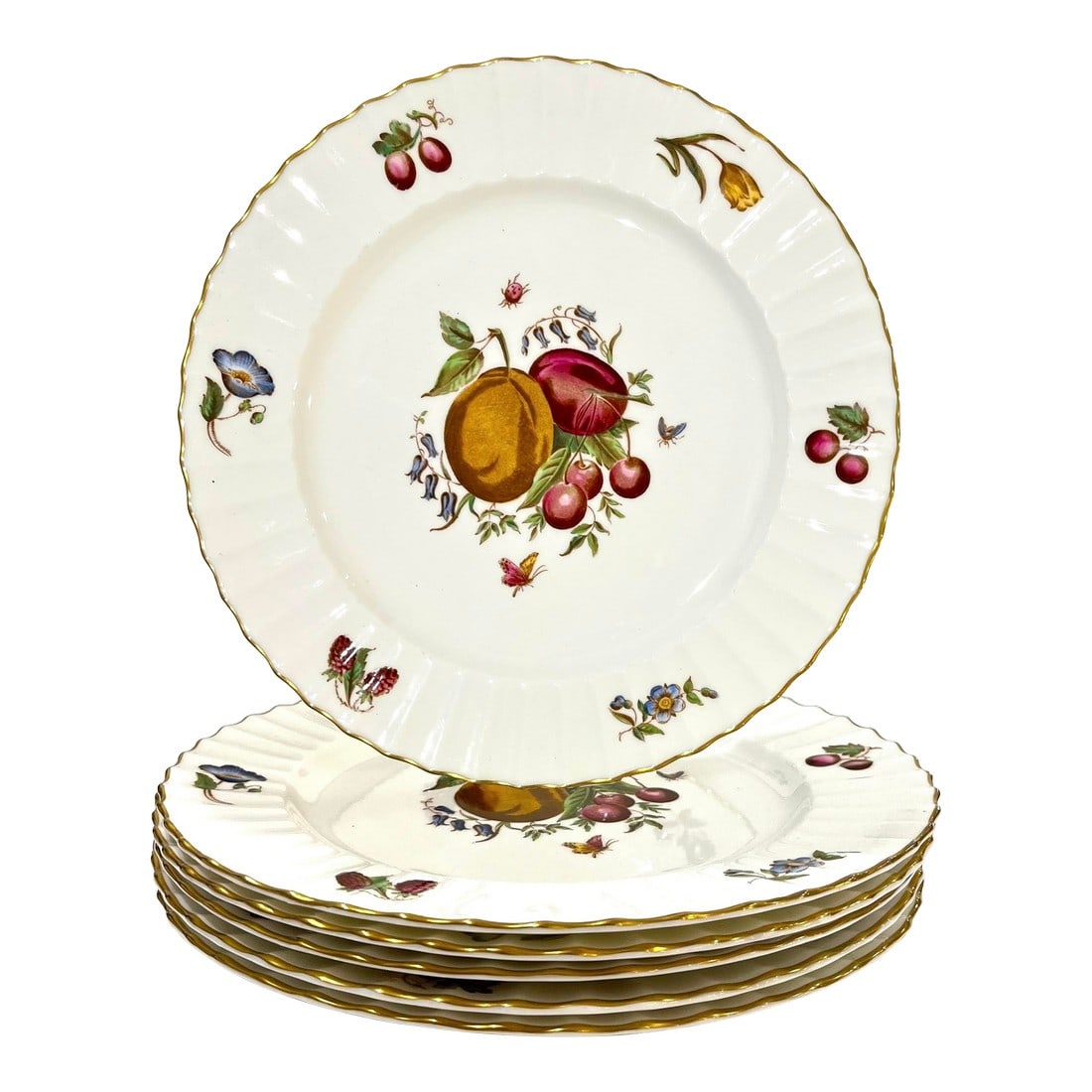 1960s Royal Worcester Delecta - Ribbed Warmstry Dinner Plates - Set of Six: Royal Worcester first produced the "Delecta" pattern circa 1800. It was brought back as a reproduction from 1965 until 1971. Making it rare given its limited production time. This set of six bone