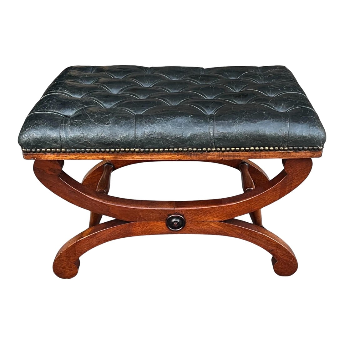 19th-Century Mahogany Bench With Tufted Leather Seat and Brass Nailhead Trim: Elegant and full of character, this 19th-century mahogany bench features a classic tufted leather seat upholstered in beautifully aged black leather that displays a rich distressed patina developed