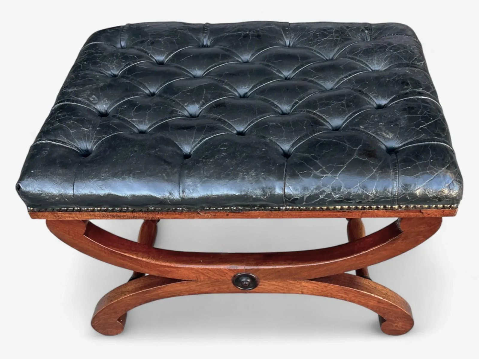 19th-Century Mahogany Bench With Tufted Leather Seat and Brass Nailhead Trim - 2