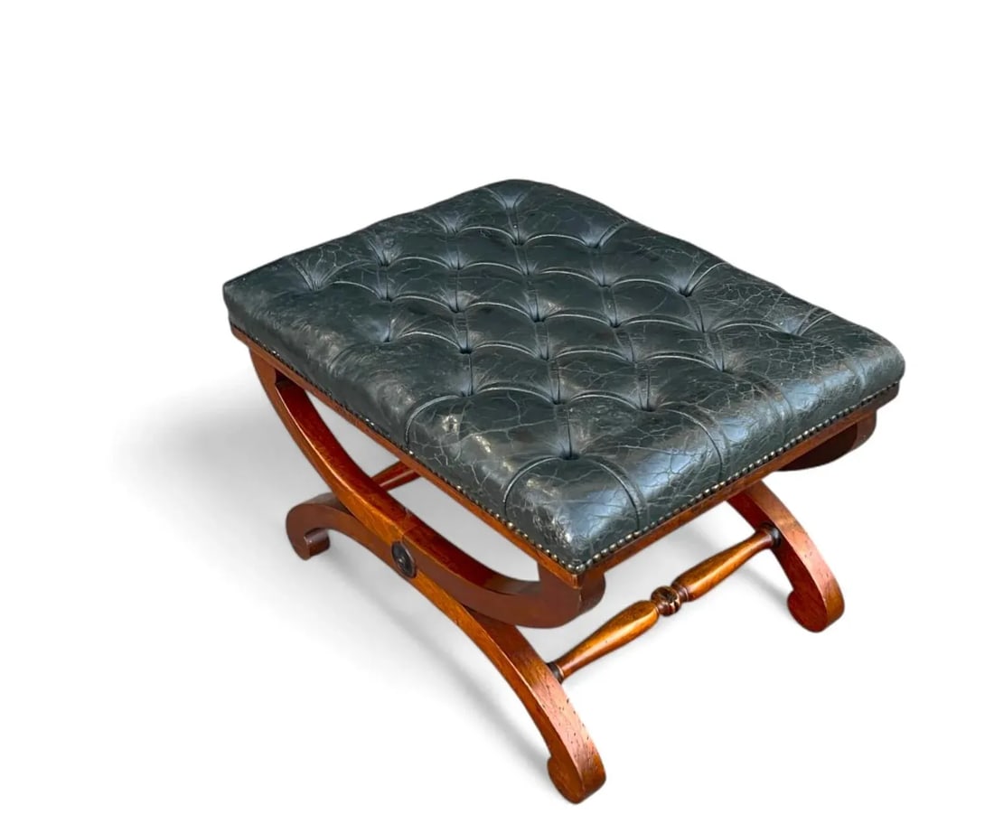 19th-Century Mahogany Bench With Tufted Leather Seat and Brass Nailhead Trim - 3