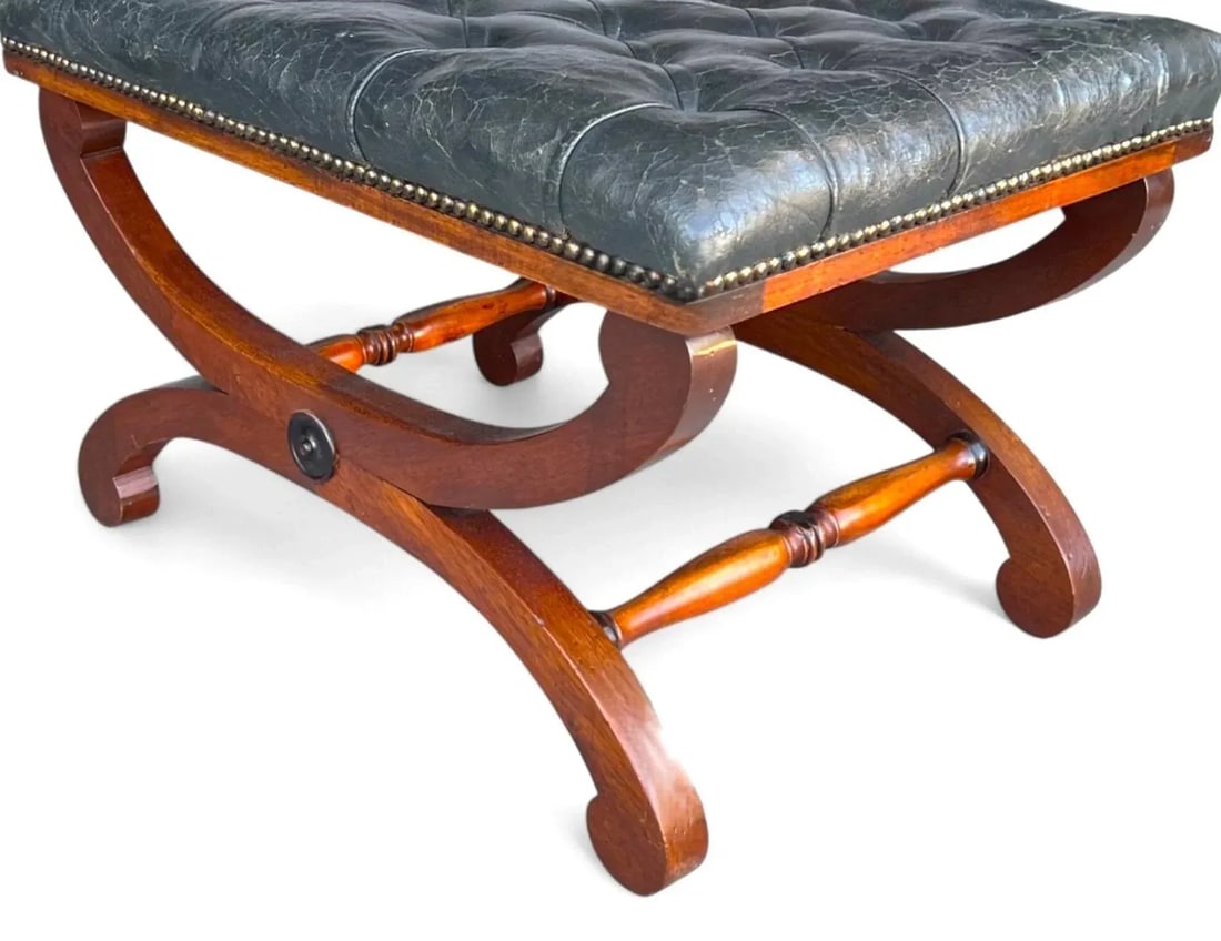 19th-Century Mahogany Bench With Tufted Leather Seat and Brass Nailhead Trim - 6