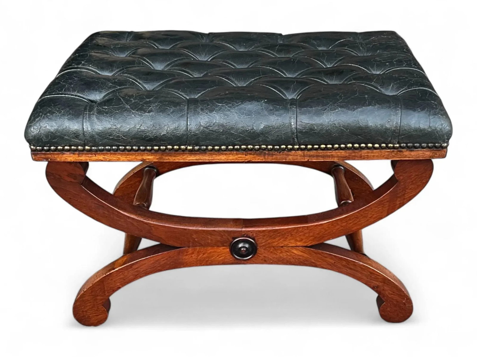 19th-Century Mahogany Bench With Tufted Leather Seat and Brass Nailhead Trim - 7