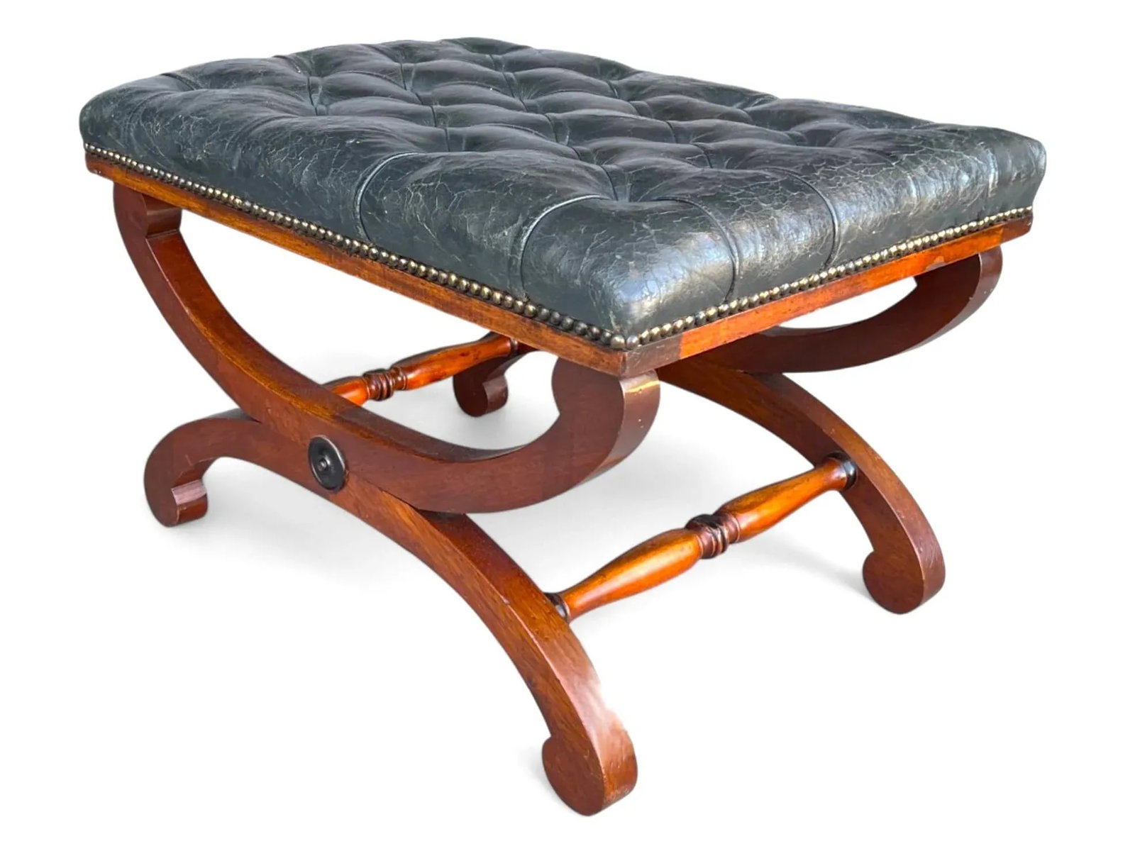 19th-Century Mahogany Bench With Tufted Leather Seat and Brass Nailhead Trim - 9