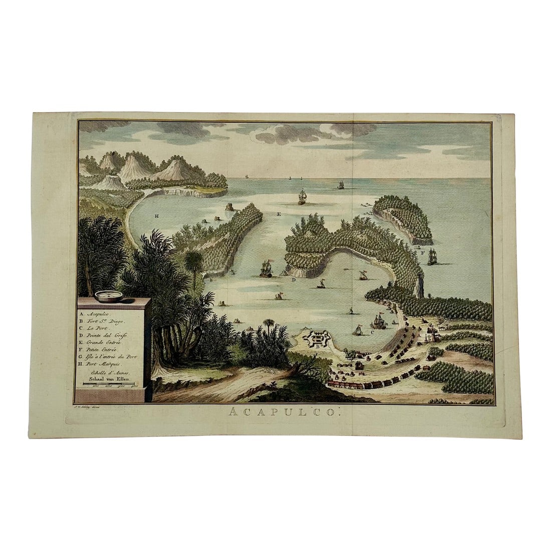 Acapulco, Mexico Original Map by Van Der Schley (1762): Original copper engraved map by Jacob Van der Schley from Prevost's Histoire Generale des Voyages, date 1762. Dimensions: 9 x 13" This rare bird's-eye view of Acapulco and its bay gives a nice