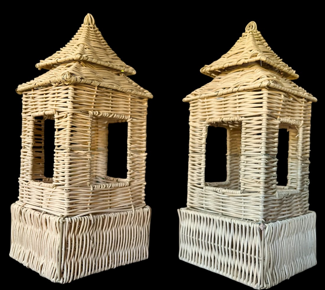 Pair of Rattan Pagoda Lanterns in Coastal Chinoiserie Style – 16" X 6" X 6" - 2