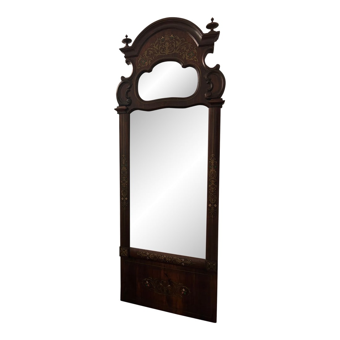 Antique Inlaid Pier Mirror 1880 -1890: An exceptionally fine late 19th-century pier mirror, of elegant neoclassical form with a broken-arch pediment surmounted by urn finials. The entire surface is richly decorated with arabesque inlay